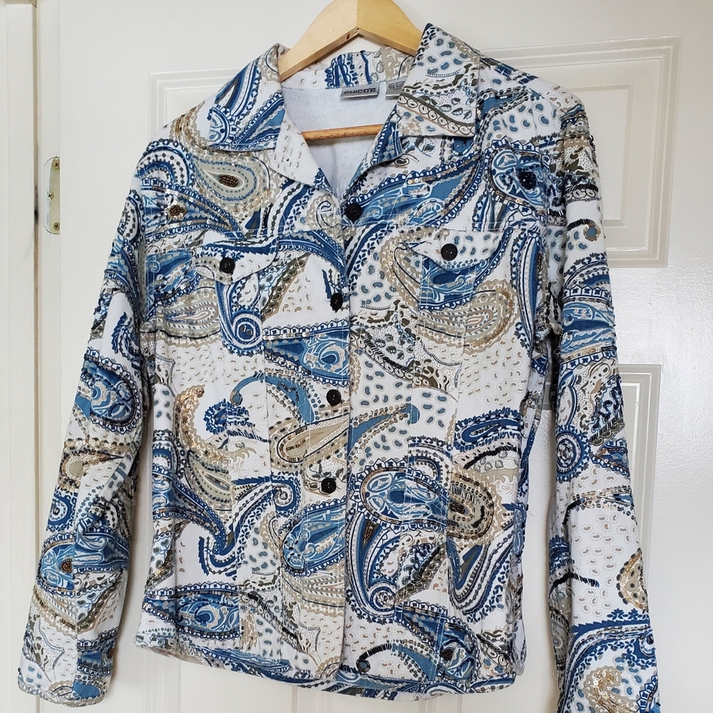 CHICOS Multi Color Paisley Jean Jacket L